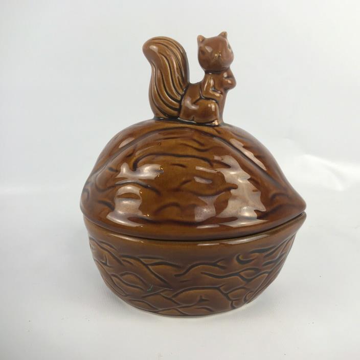 Vintage Squirrel Topped  Nut Keeper Container Dish Jar Bowl Brown Glazed Ceramic