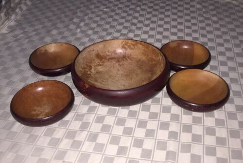 Vintage Rustic Hardwood Carved Japan Wooden Mid Century 5pc Salad Bowl Set