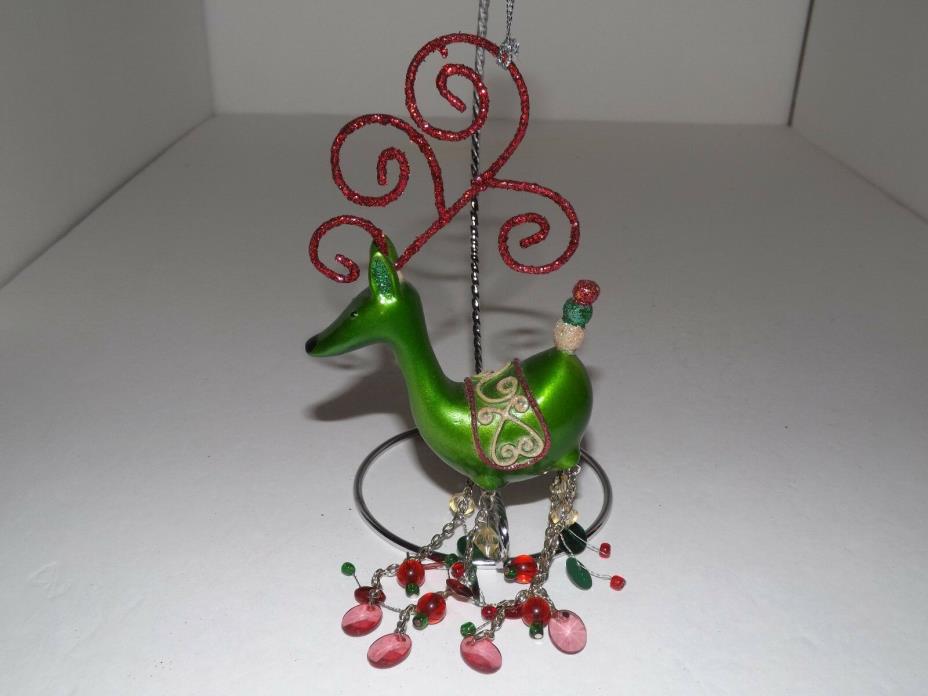 Vintage Large Reindeer Ornament with Beaded Legs and Glittery Horns (Green)