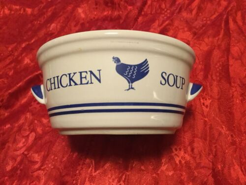 Vintage LTD Chicken Soup Bowl 1985 Get Well Blue White Crock Dish Handles Hen