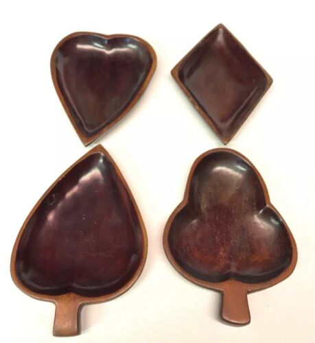 4 Vintage Wood Playing Card Snack Trays Candy Dishes Heart Diamond Spade Club