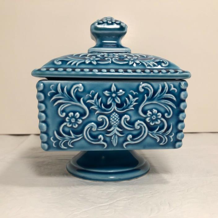 Blue Pedestal Ceramic Candy Dish With Lid