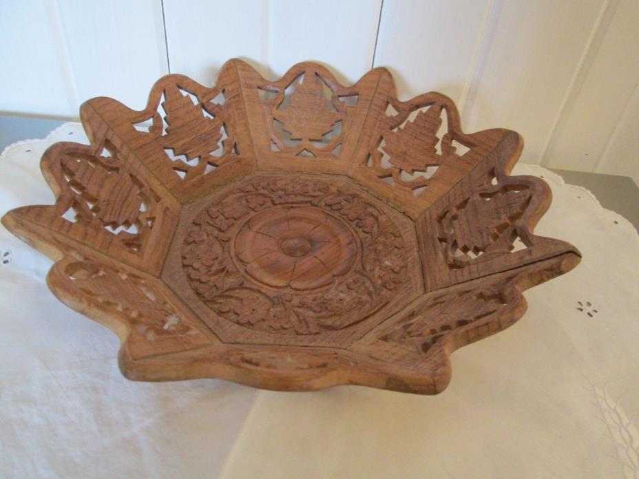 HAND CARVED LEAVES TREE DECORATIVE LGE WOOD BOWL INDIA PANELED SCALLOPED 13