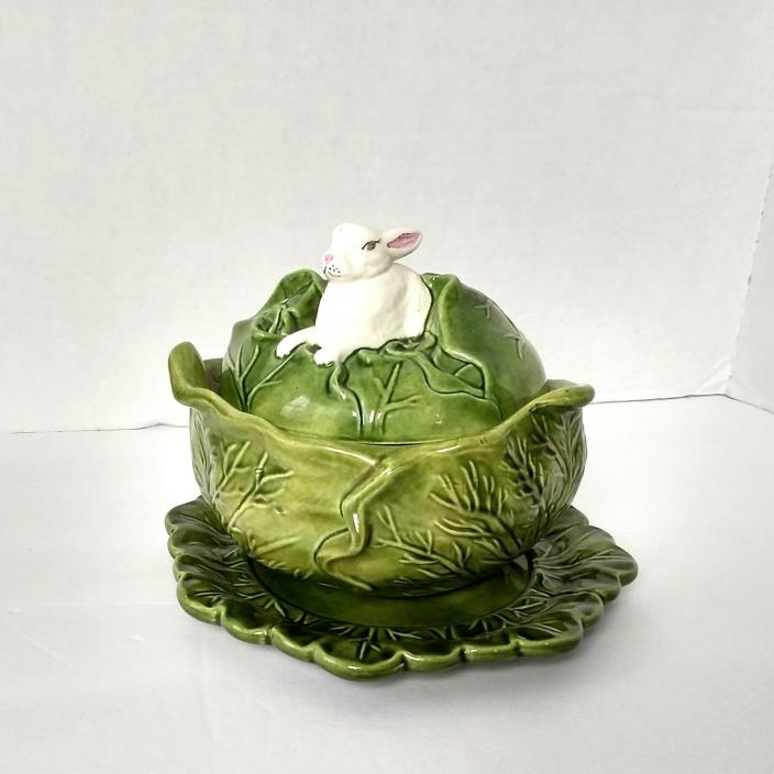 VTG Bunny Serving Bowl Holland Mold Ceramic Pottery Cabbage Lid Lettuce Easter