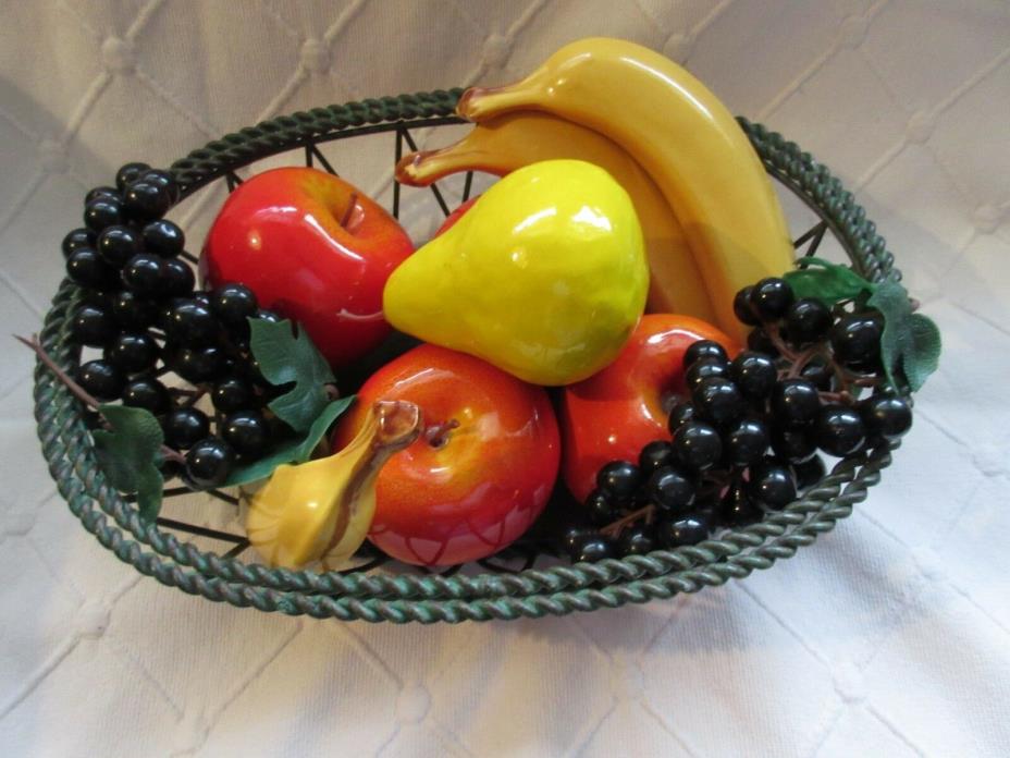 Ceramic Fruit (Various) and Metal Wire Design Decor Bowl And Grapes