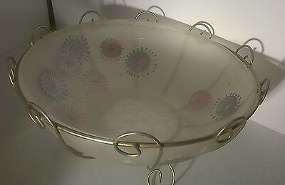 MID CENTURY MODERN GLASS / WIRE RACK PAINTED SALAD BOWL ROSE FLOWER EMBOSSED