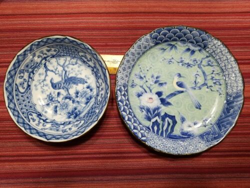 Pair signed Decorative Peonies Bird Peacock  Asian Chinese Blue & White Bowls #2