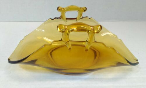 Clear Amber Pinched Glass Basket no markings 6 1/2