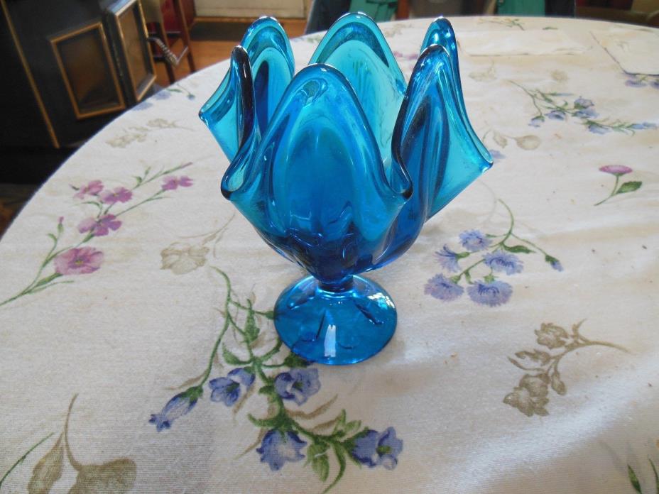 Blue scalloped footed glass art bowl candy dish