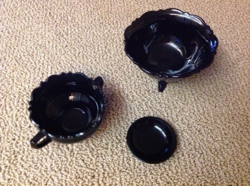 Black Onyx 70's Glass vintage Bowl With Feet Two Handles Spoon Dish Lot 3
