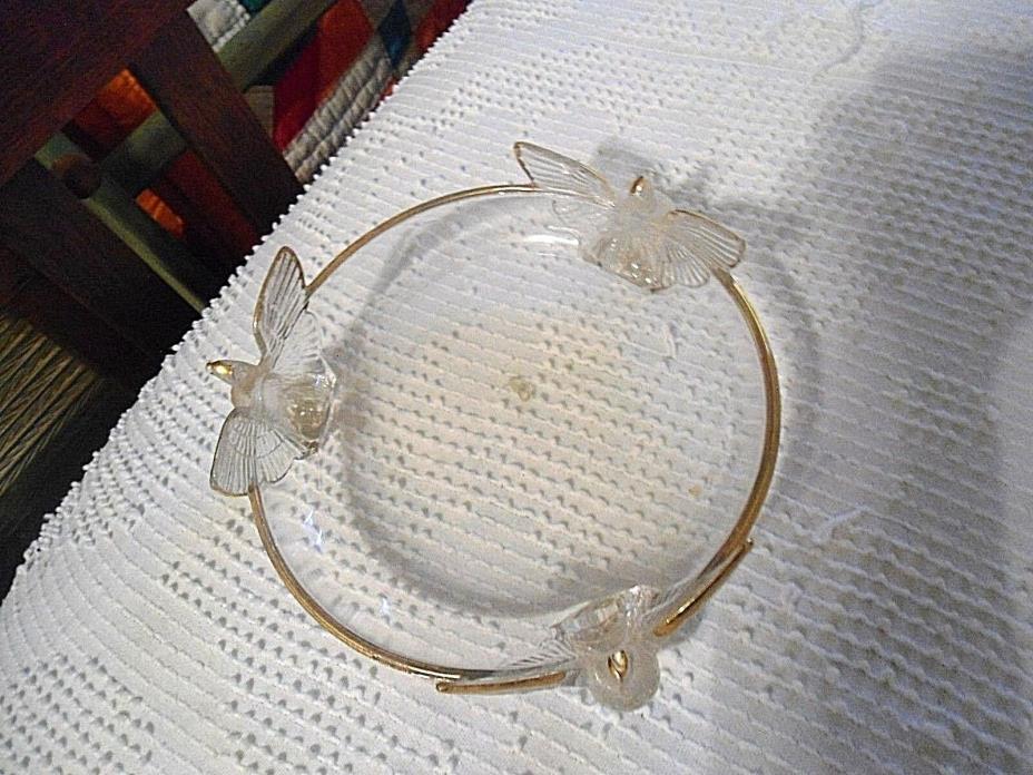 Art Deco Clear Glass  Bowl 3 Birds Open Wings On Side Gold Gilding Top Edge
