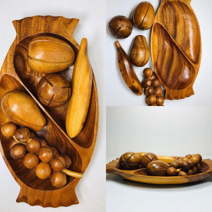 Monkey Pod Carved Wood Fruit Vintage Divided Bowl 6 Pc Set Handmade Mid Century