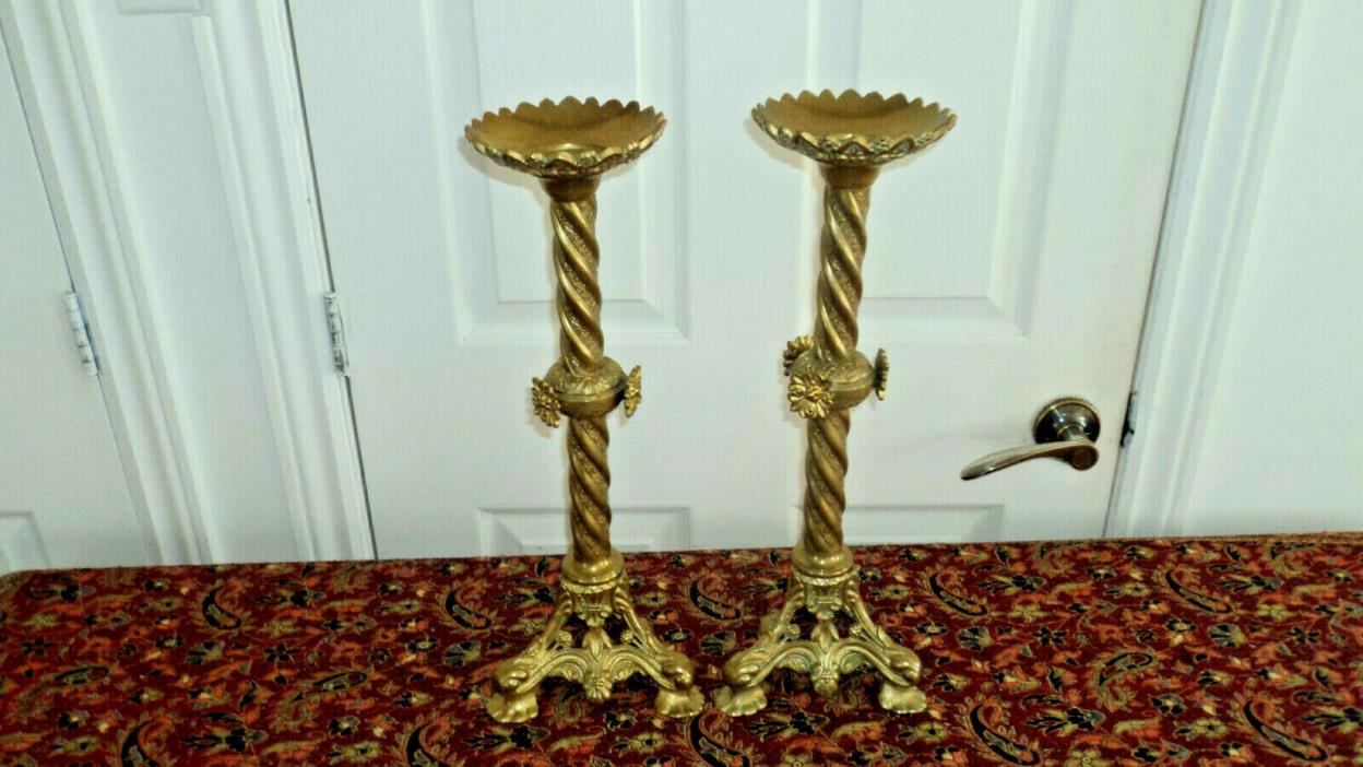 vintage pair religious church alter brass candle holders 17 3/4