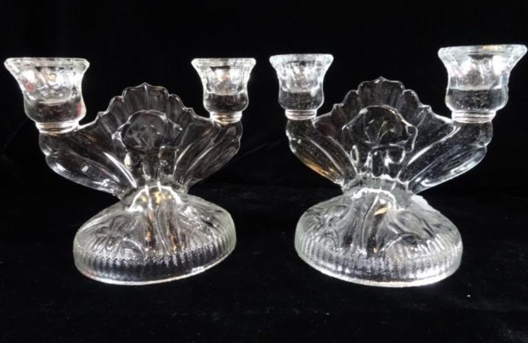 Two (2) Iris Herringbone Depression Glass Double Candlesticks  Pre-Owned