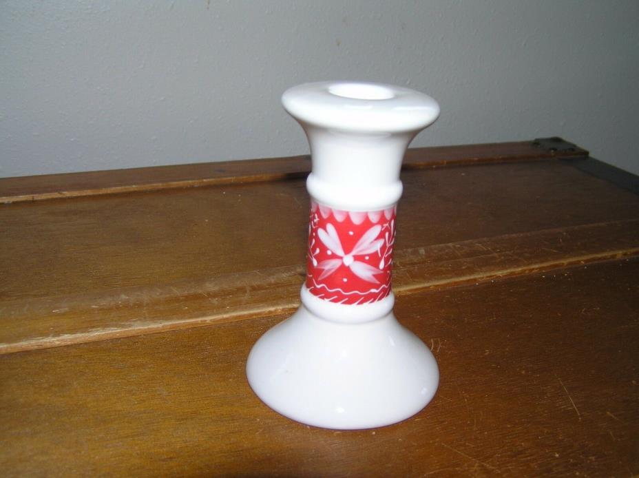 Vintage Land’s End White Ceramic Candlestick Candle Holder w Red Painted Winter