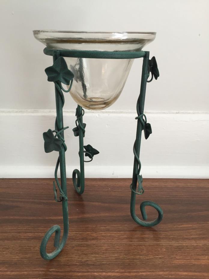 Decorative Green Leaf Vine Ivy Metal Glass Tall Candle Holder 10 in tall