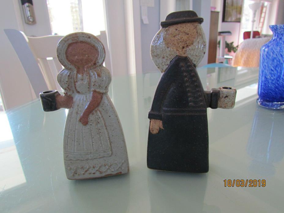 6 inch Pottery Thanksgiving Pilgrim Quaker Man Woman Candle Holders