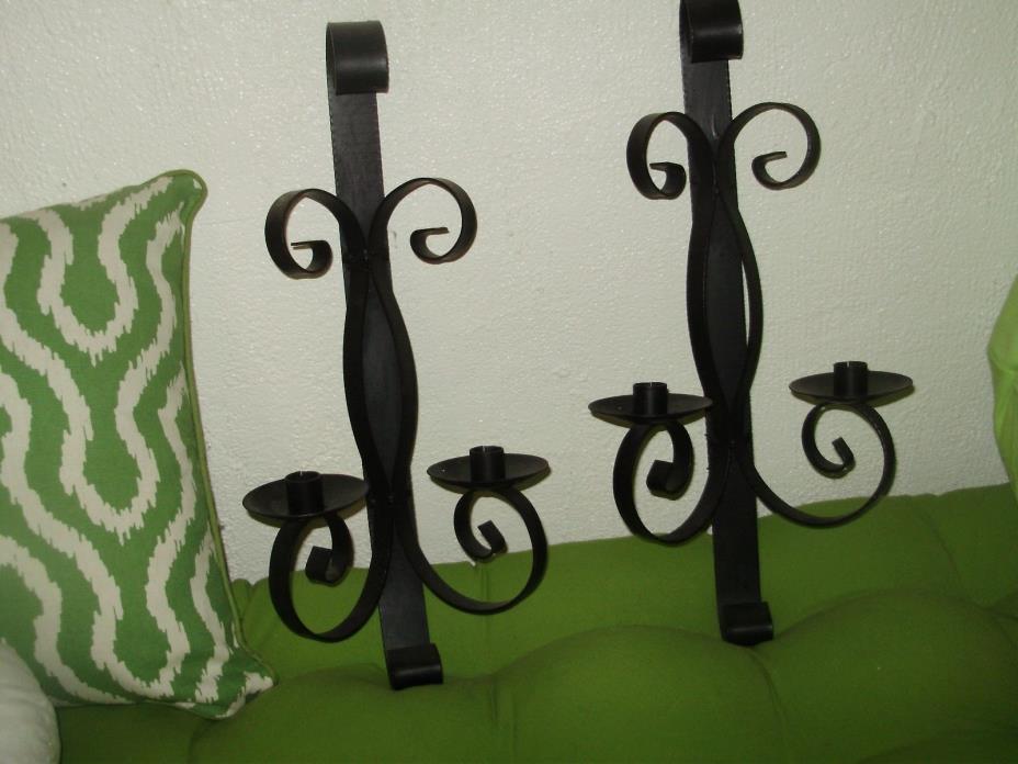 GOTHIC SPANISH REVIVAL- MEDIEVAL- LAR WROUGHT IRON LARGE CANDLE HOLDER PAIR WALL