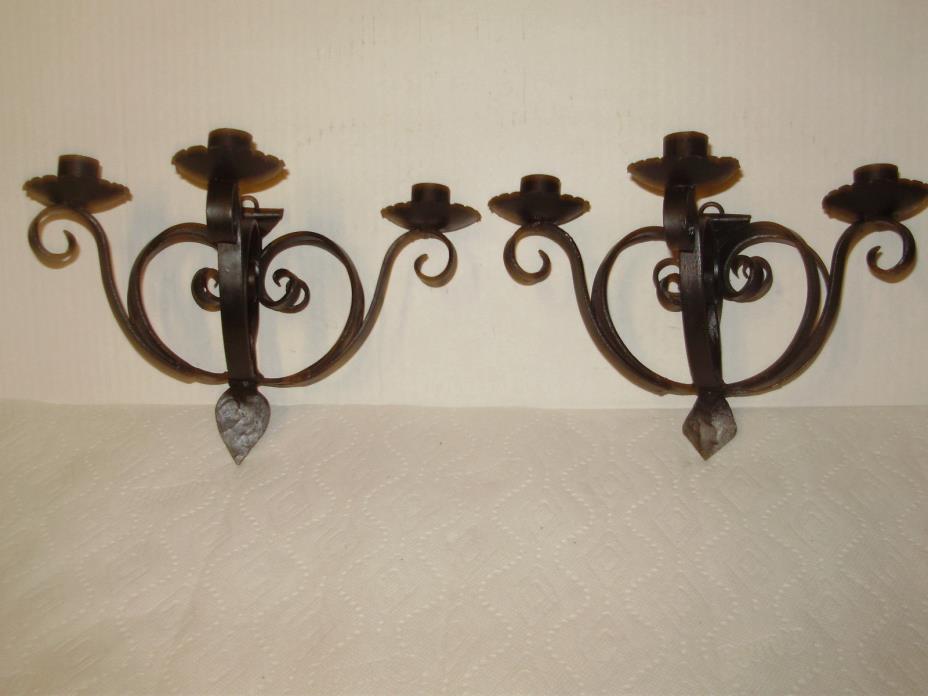 ANTIQUE 1920'S BLACK WROUGHT IRON SPANISH 3 SCONE  WALL-CANDLE HOLDER SET