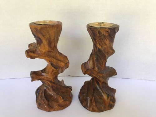 Vintage Handmade crafted carved natural wood wooden candle holders 6