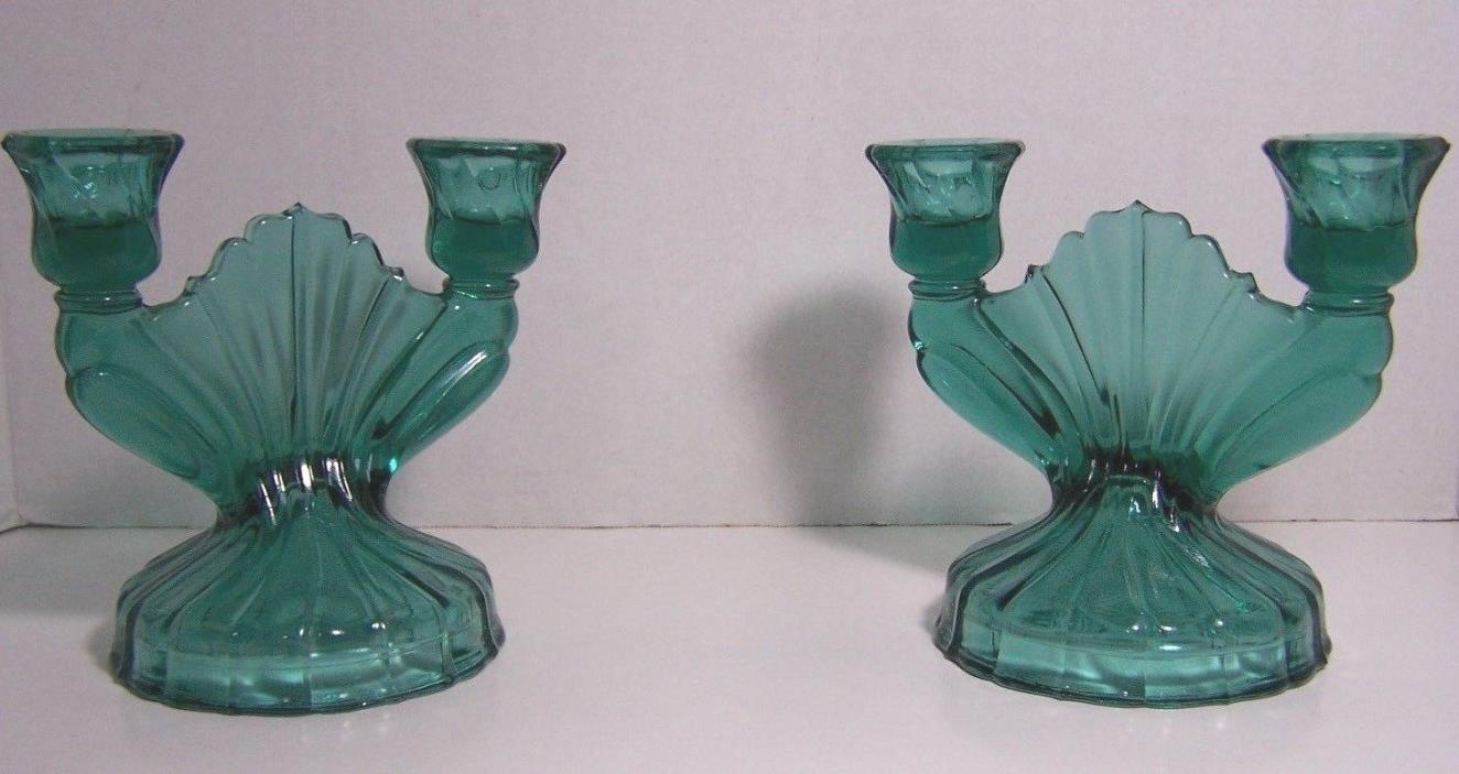 Now 10% Off! Beautiful Pr. Green Emerald Glass Dual Candle Holders-Fan Style-