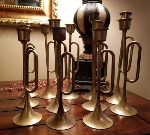 12 Vintage Graduated Brass Bugle Horn Trumpet Candlestick Holders Wedding Decor
