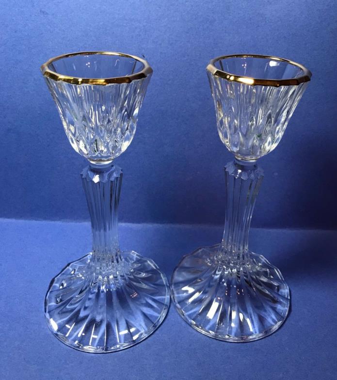 Pair of Gold Rimmed Crystal Candle-Holders - unique design 7'
