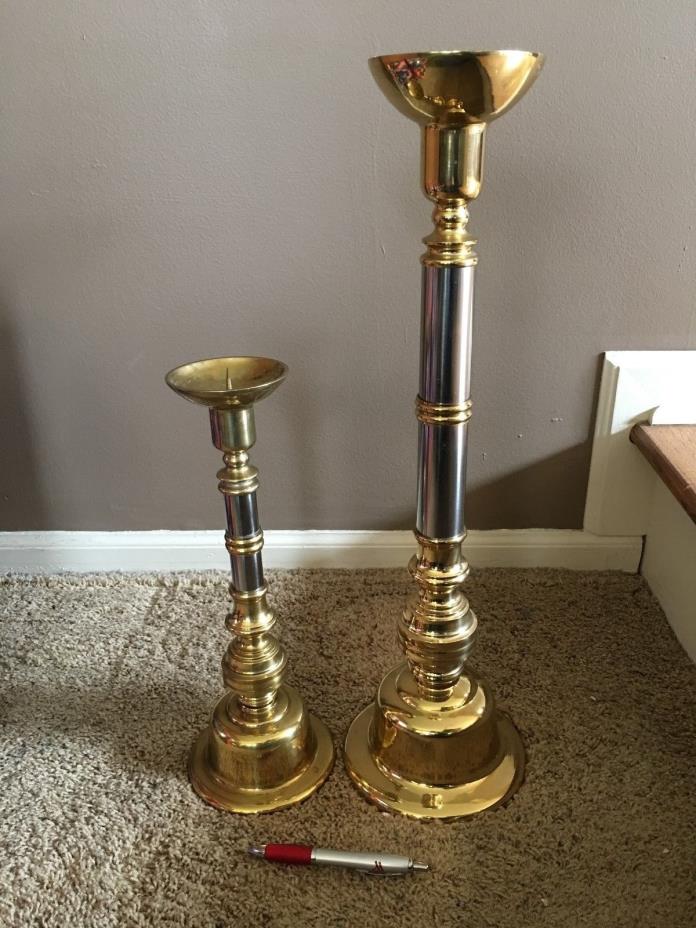 Set of 2 Vintage Brass and Silver Large Candle Stick Holders - Church - Weddings