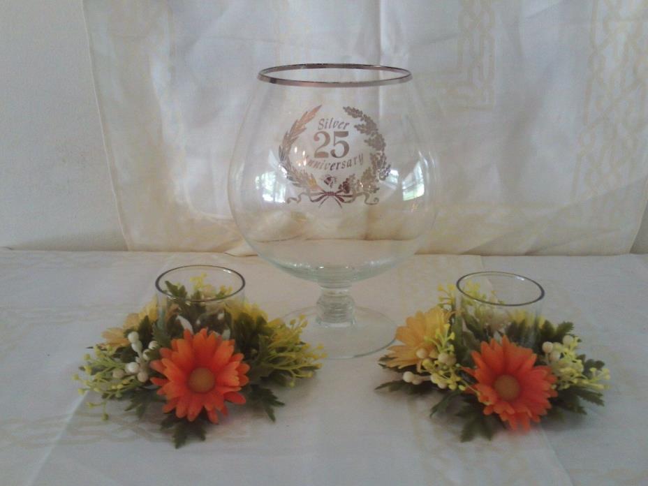 25th Silver Anniversary Candle Holders Glass Centerpiece w Flowers