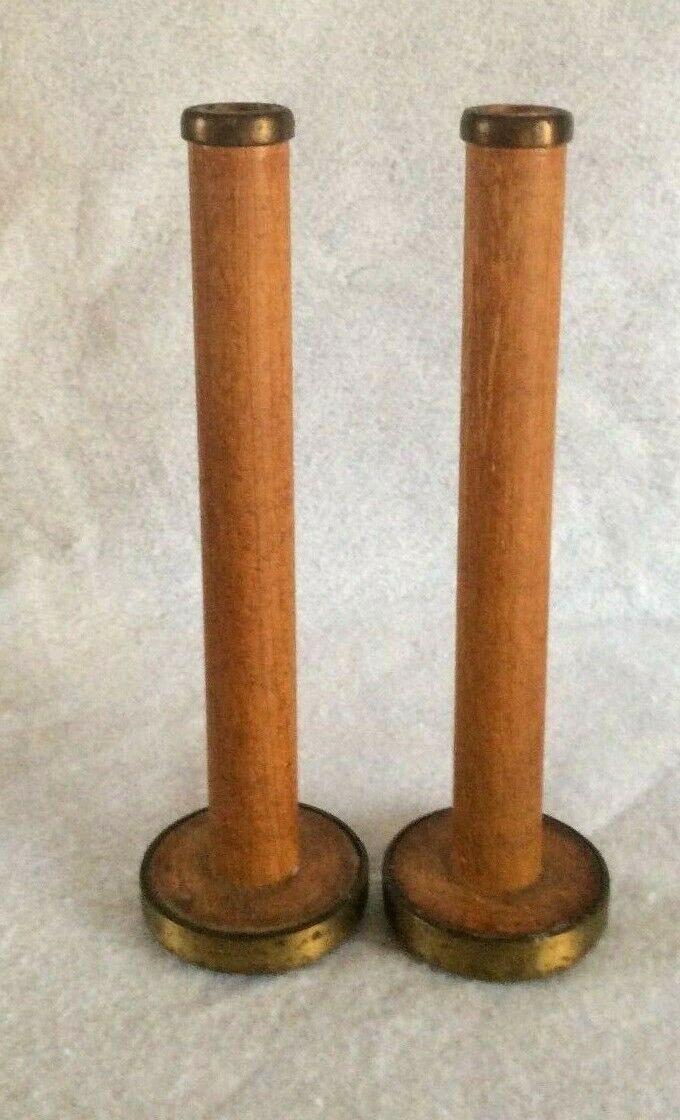 Vtg pair of yarn spool textile mill rustic wood and brass taper candle holders