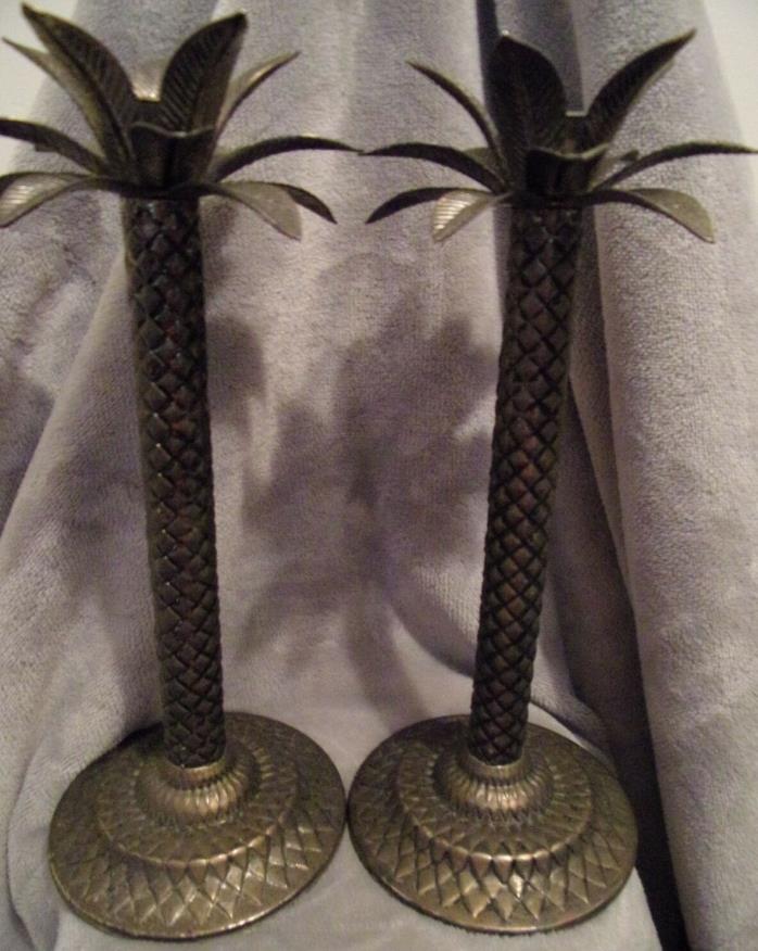 Palm Tree Metal Candlestick Holders Set of 2 Bronze Tone 1 Ft. Tall