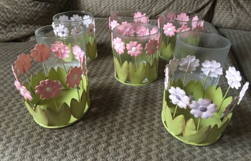 Set of 6 Floral Pink Flower Metal & Glass Candle Holders Vintage 3x2.5”
