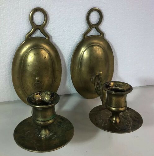 Vintage Brass Wall Hanging two Candle Holders 7” (E25)