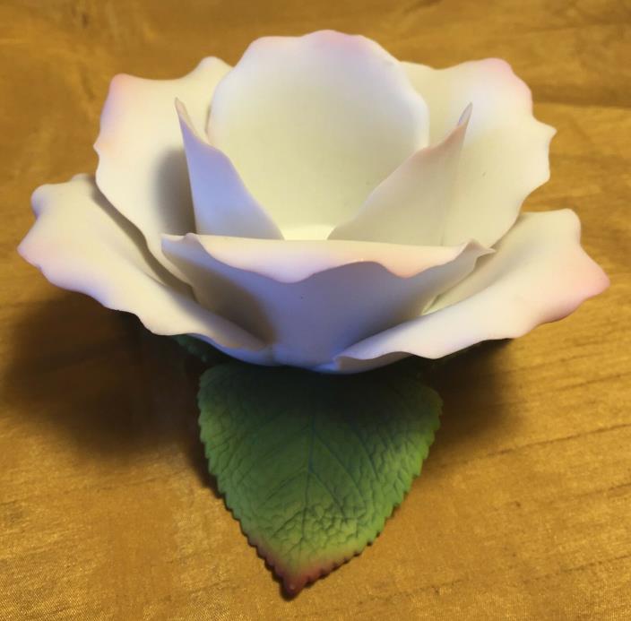 Bisque Porcelain White Rose Figurine Votive Candle Holder w Leaf Shaped Feet