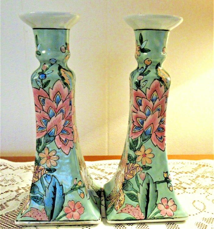 Vintage Pair Asian Oriental Chinese Porcelain Pastel Floral Candlesticks 9