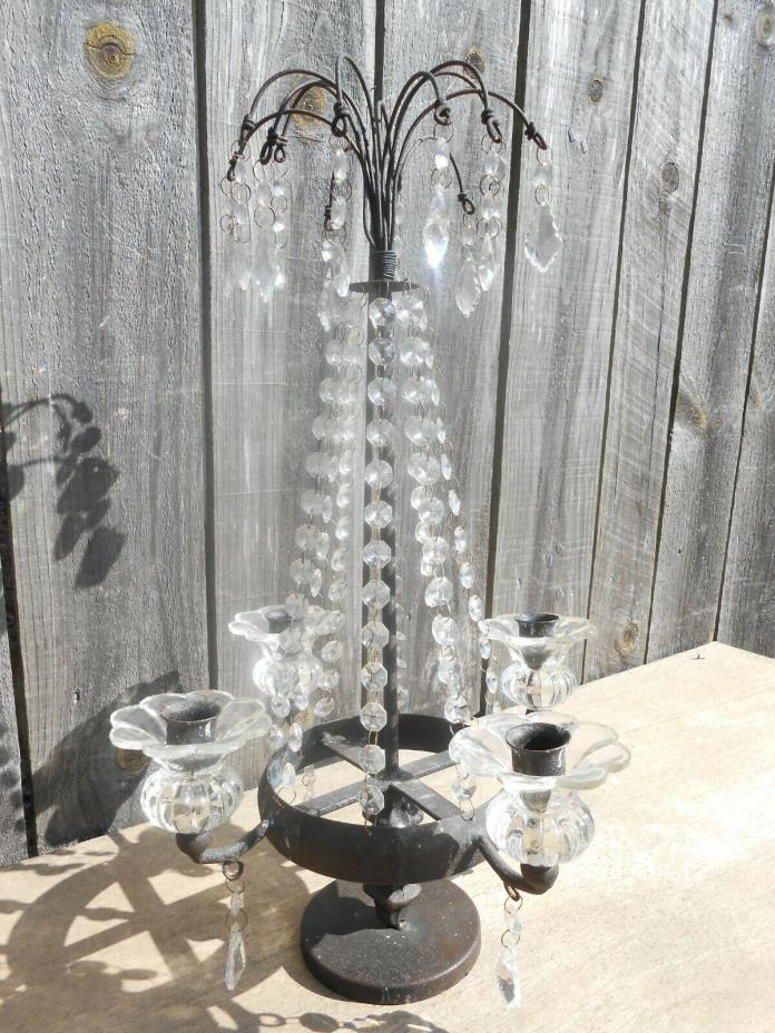 Antique Colonial Americana Cast Iron 4 Arm Candelabra Candle Holder With Prisms