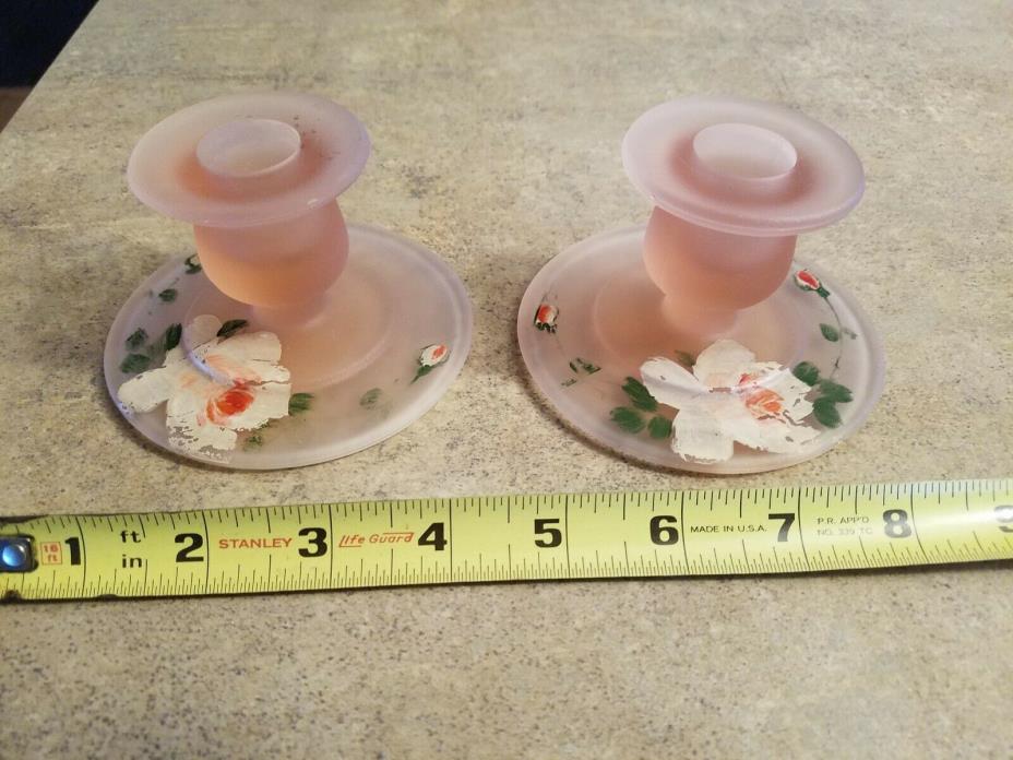 Beautiful Vintage Pink Frosted Glass Hand-painted Candle Holders, Set of Two
