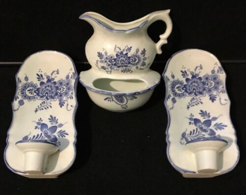Vintage rare Delft style porcelain Candle holder sconce with pitcher set .