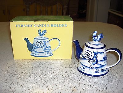 CERAMIC TEAPOT/ROOSTER CANDLE HOLDER-NEW IN BOX WITH CANDLE BLUE AND WHITE