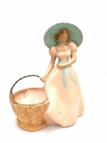 VTG Chalkware Planter Girl Woman Large Hat & Basket 1930s Business Card Holder