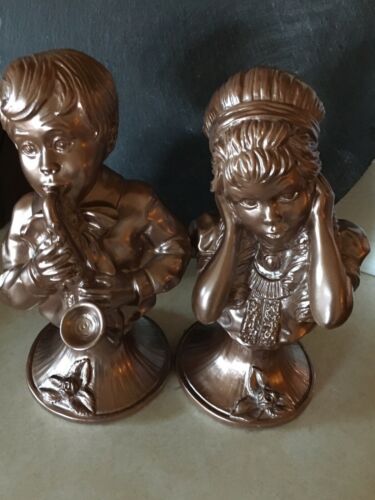 VTG 1971 Pair Bronze Finished Chalkware Busts Boy & Flute Girl Holding Ears