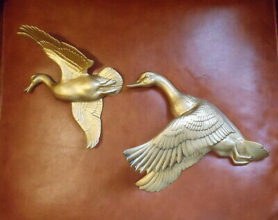 Pair  VTG Mid Century 3-D Atlantic Mold Chalkware Ducks In Flight Wall Plaques
