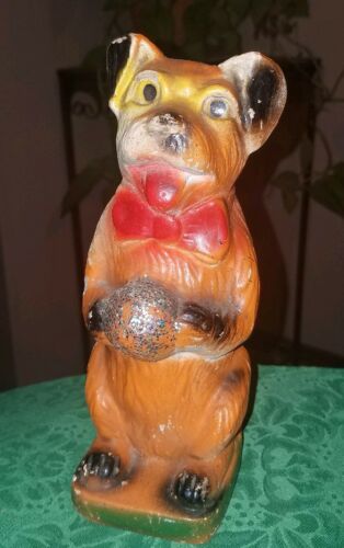 CHARMING OLD Antique CHALKWARE Dog Figurine CARNIVAL PRIZE~1930's~COLORFUL!