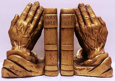 Praying Hands Holy Bible Chalkware Bookends Library KJV Progressive Art Office