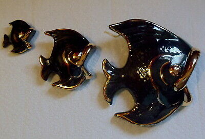 Set 3 Vtg Mid Century Hand Painted Chalkware Ceramic Wall Pocket Fish Plaques
