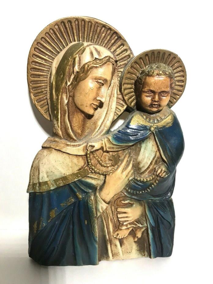 Vintage Chalkware Mary Blessed Mother Baby Jesus Wall Art Hanging Plaque