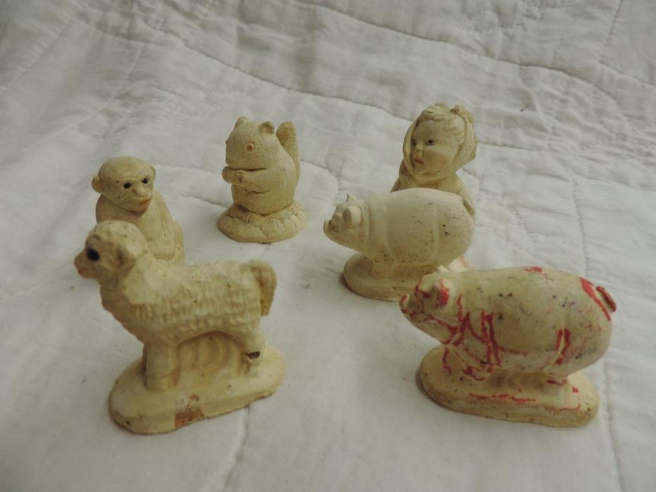 Six Vintage Chalkware Carnival Prize Figurines Chalk Ware Pig lamb monkey girl
