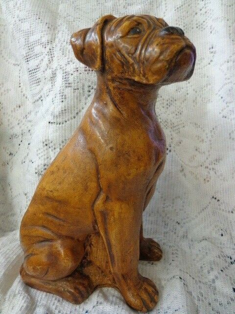Antique Chalkware Boxer Bulldog Beautiful wood-look sculpture figure Nice old 1!