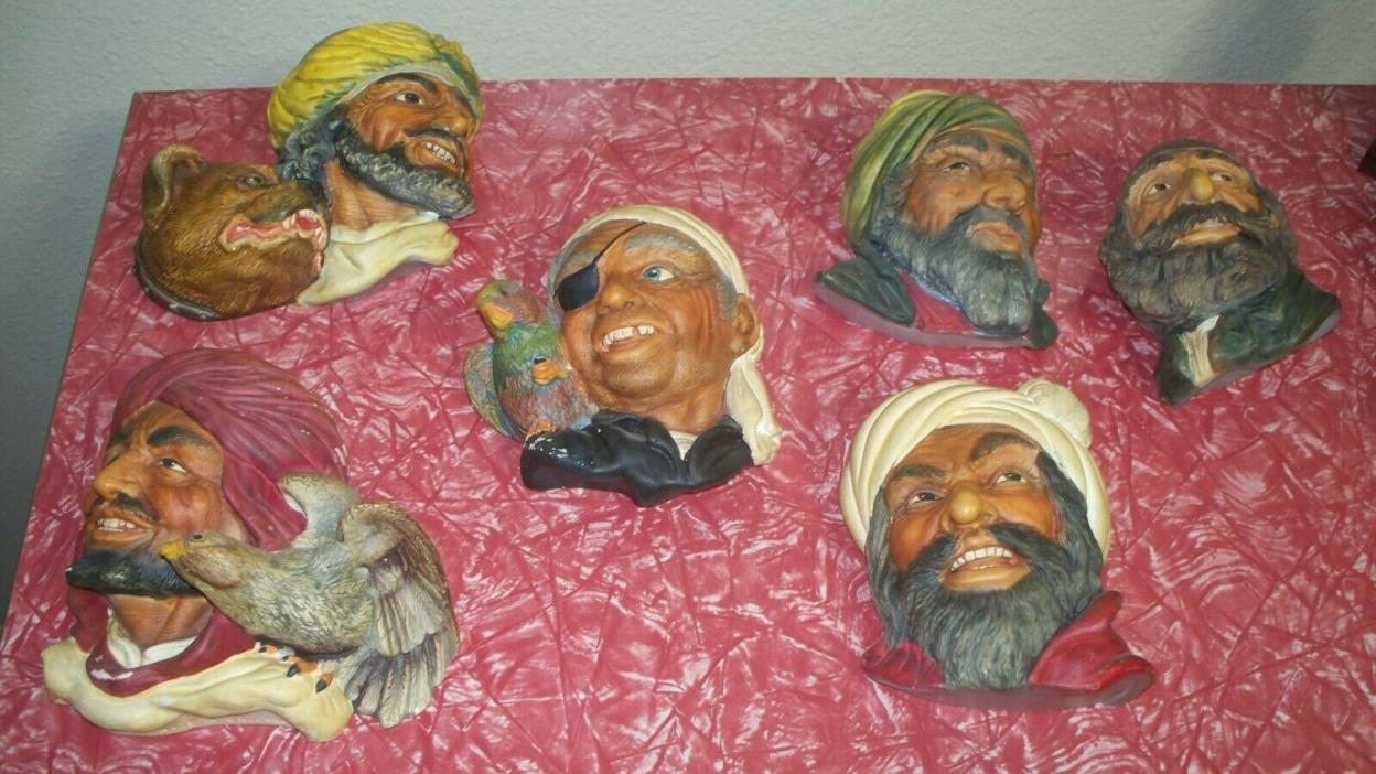 Six 6 vintage chalkware head heads pirate fagin some made in England