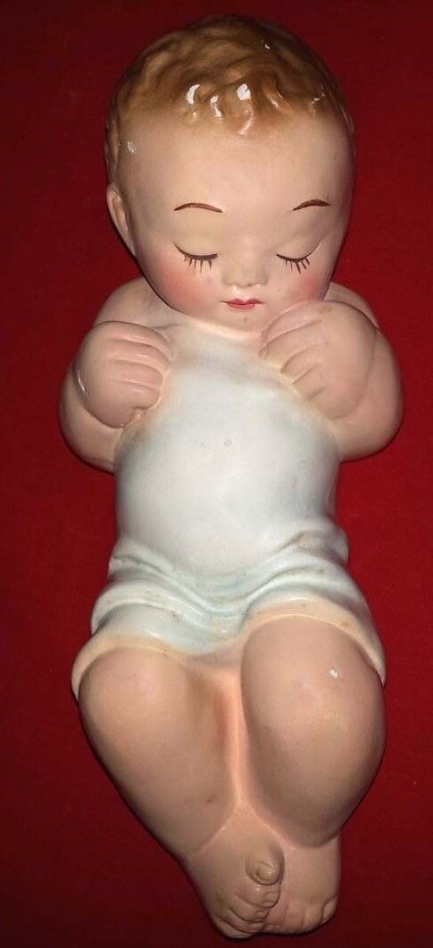 Vintage Chalkware Sleeping Baby with Blue Blanket